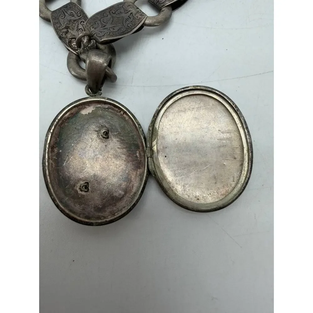 Sterling Ornate Book Chain Necklace Engraved Monogram Oval Locket Pendant
